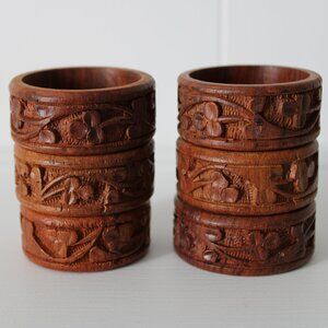 MCM Hand Carved Teak Wood Napkin Rings Made in India set of 6 Marked IEH
